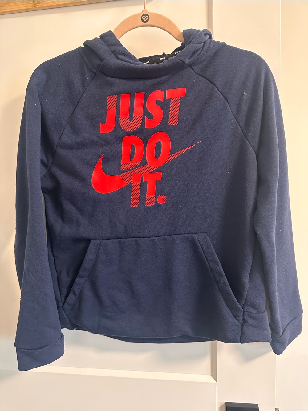 Nike Navy Blue Kids Hoodie with Red "Just Do It" Graphic